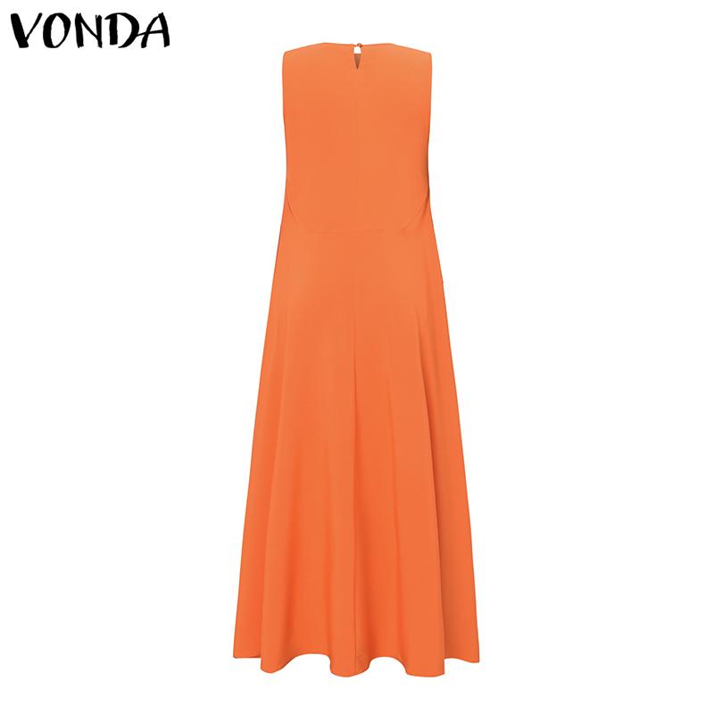 VONDA Summer Women Round Neck Sleeveless Solid Color Holiday Beach Long Pleated Dress