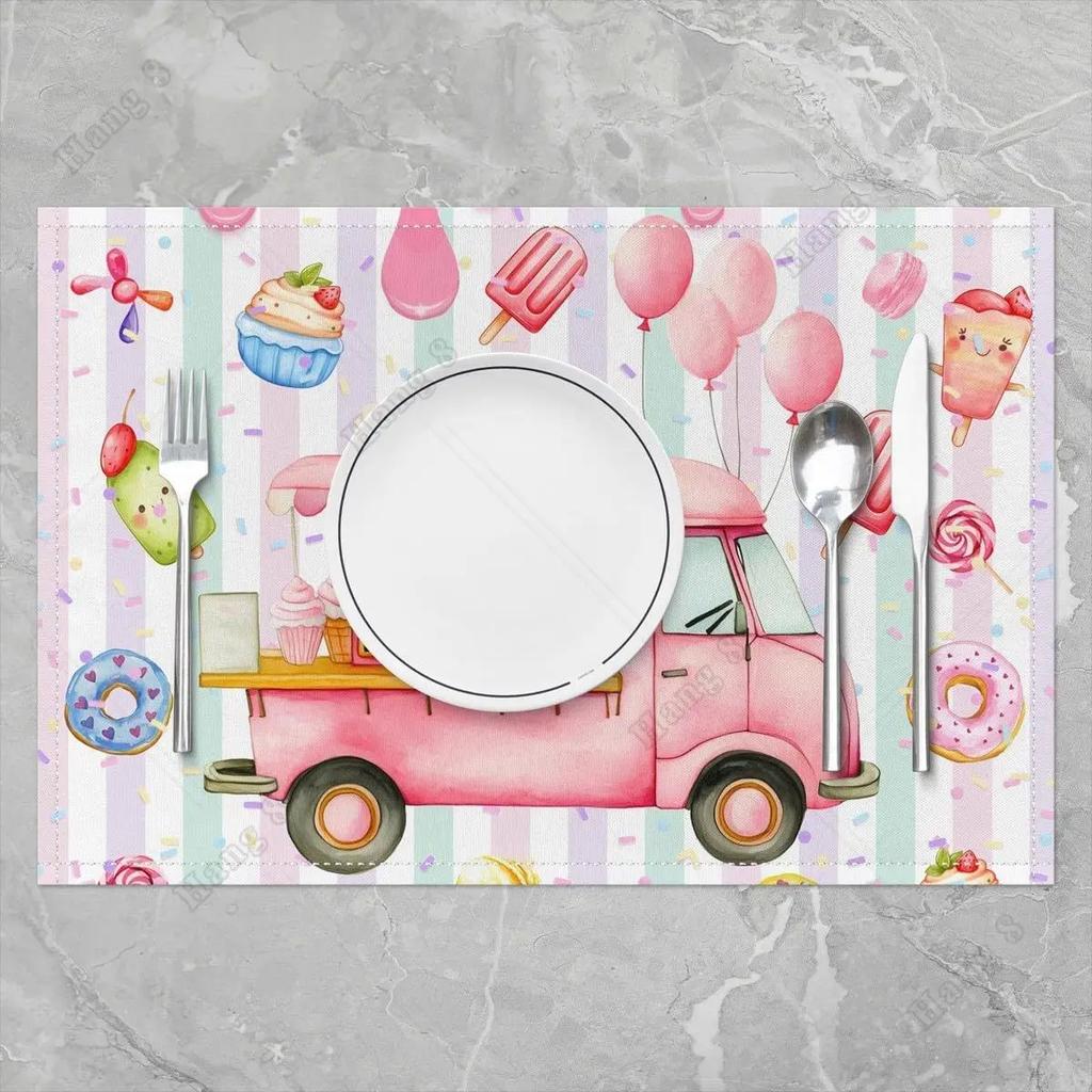 4PC Ice Cream Truck Placemat ,Sweet Doughnut Outdoor Indoor Place Mats,Stripe Washable Durable Table Mats 30X45cm