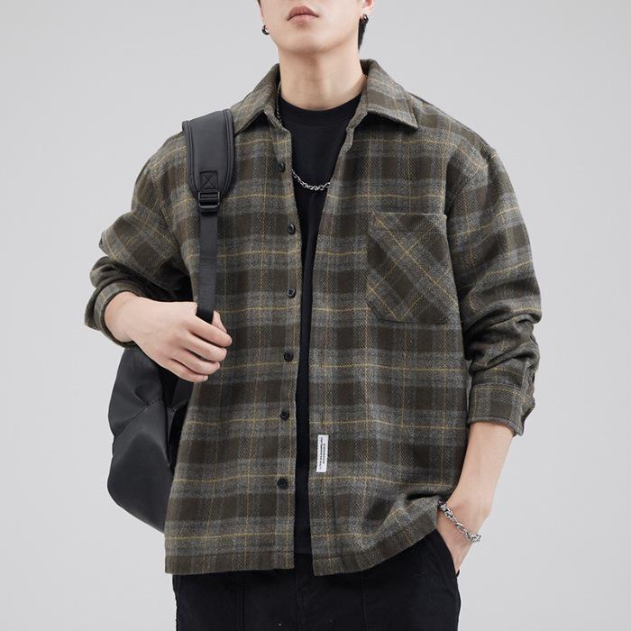 Men s High-End Plaid Casual Shirt Jacket: Autumn, Brushed Heavyweight, Long-Sleeved, Loose Fit XL for 145-160 jin