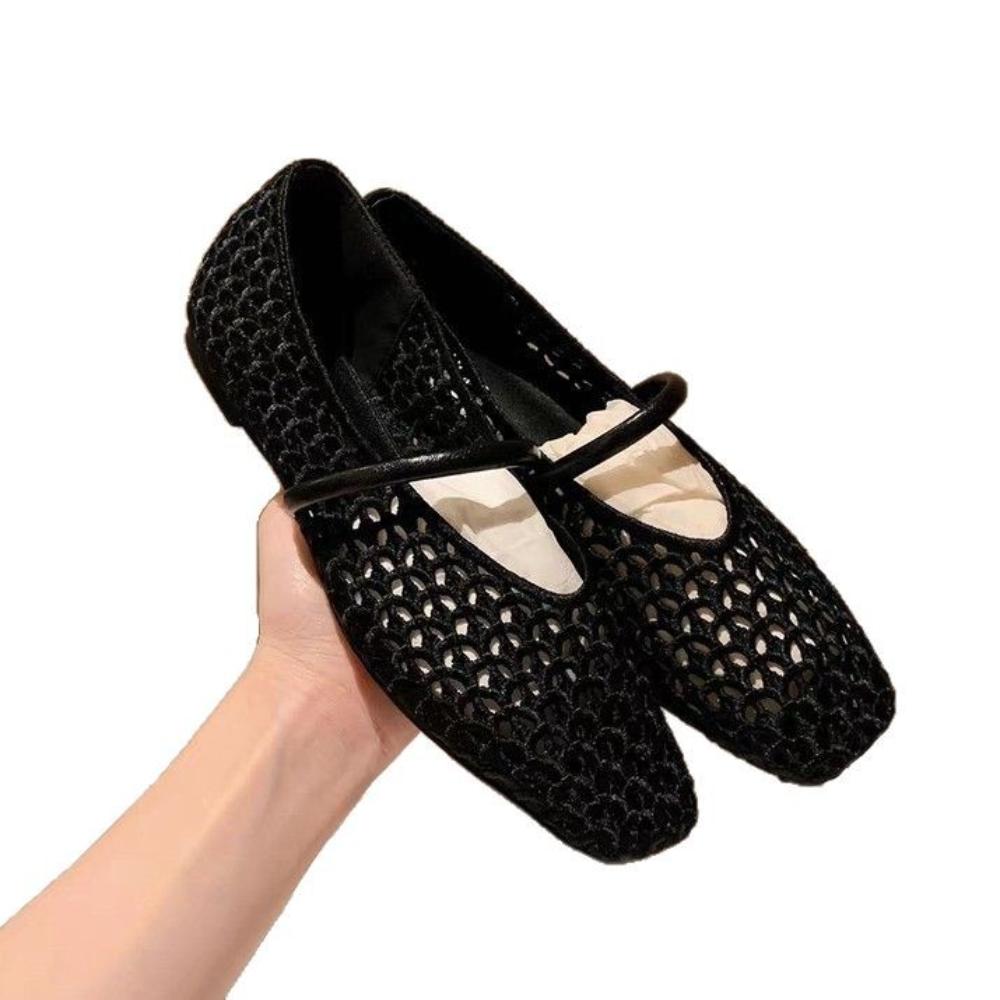 Fashion Flat Shoes for Women Summer New French Square Toe Hollowed Out Woven Flat Belt Breathable Versatile Beach Shallow Mouth Pumps