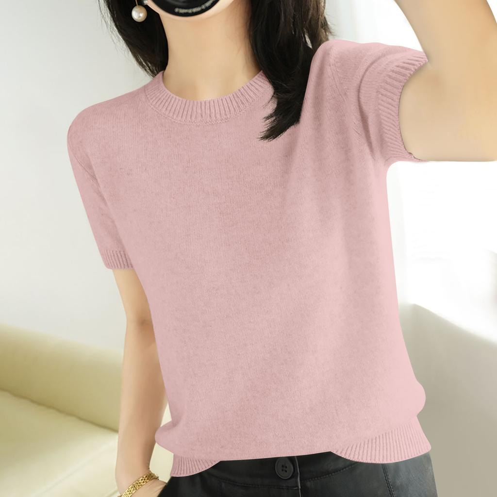 Women's Short Sleeved Knitted Sweater Round Neck Loose Thin Top