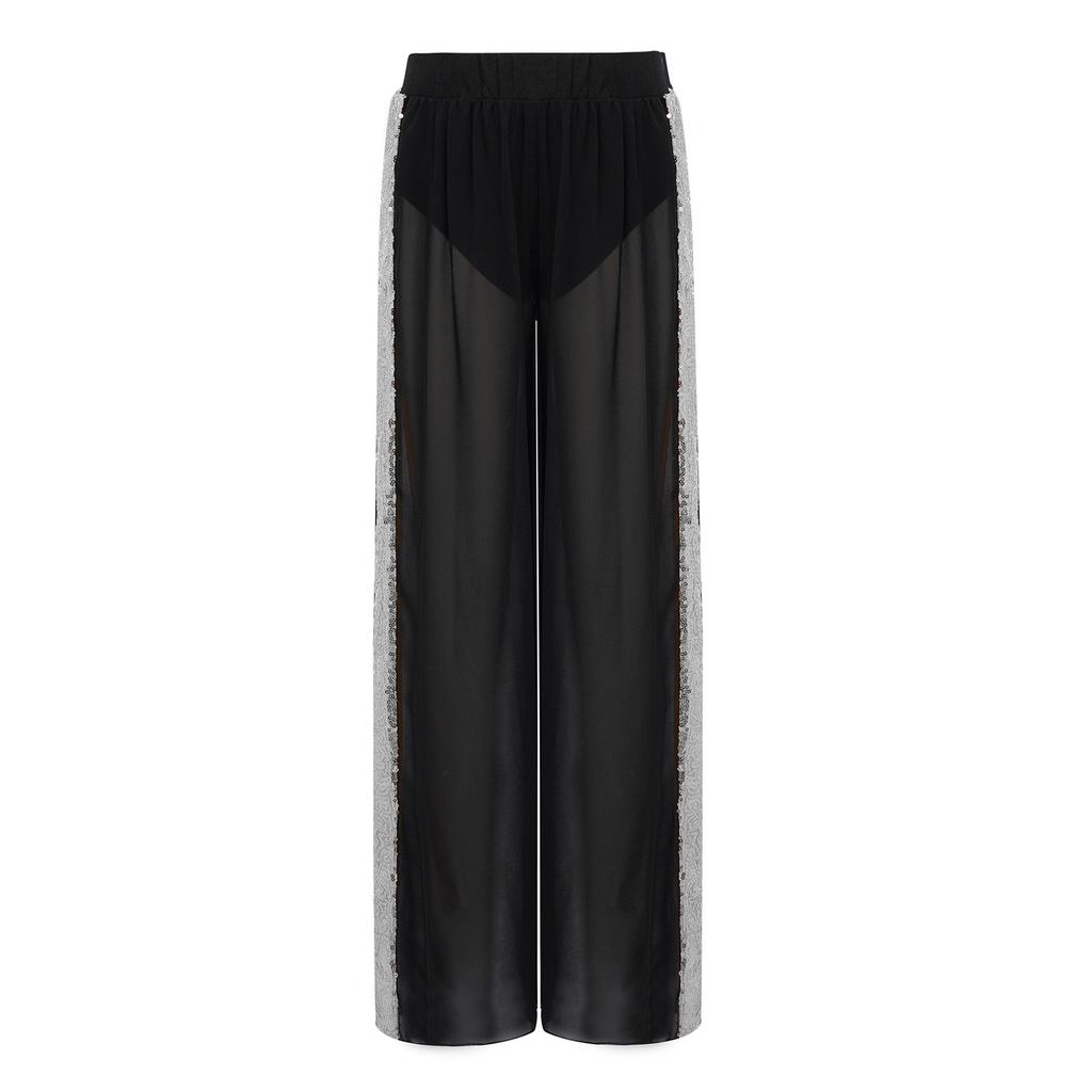Wedstrijddansbroeken voor meisjes: Elastische Taille Pailletten Patchwork Chiffon Wijde Pijpen Broek voor Lyrische Optredens