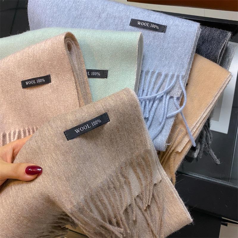 Autumn and winter new thickened soft warm scarf women's 100 wool double-sided solid color fringed scarf