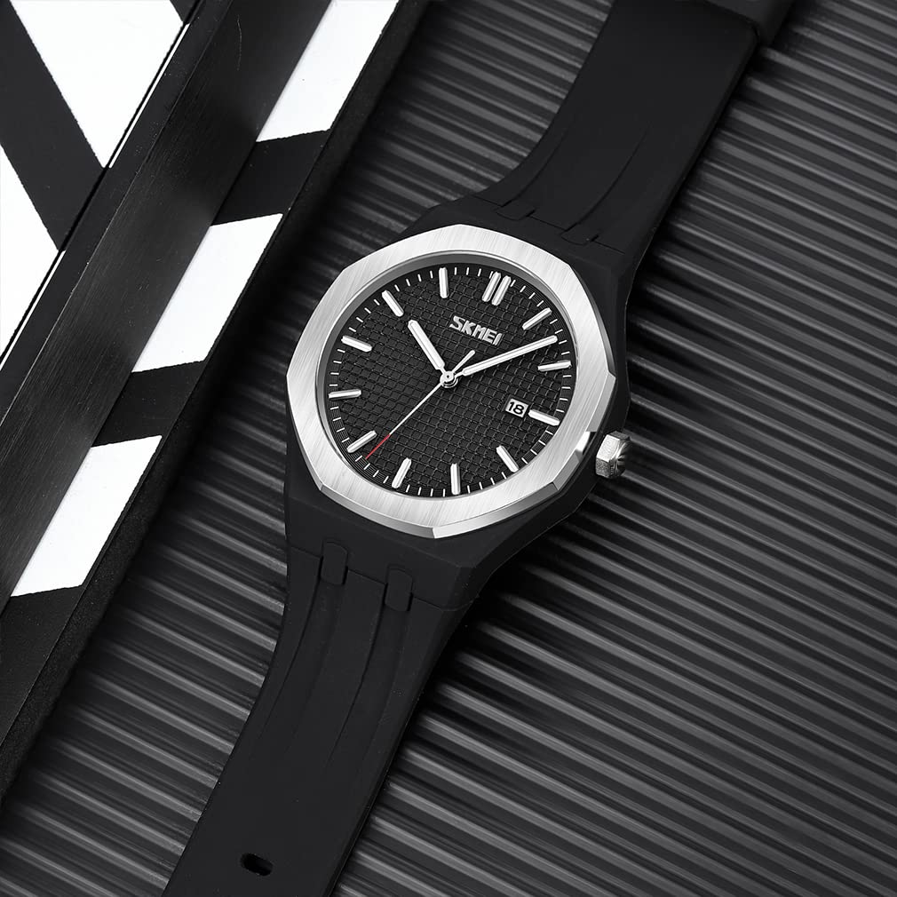 SKMEI Men's Watch, Simple Black Silicone Sport Wristwatch, Waterproof, Stylish Casual Analog Quartz Movement with Large Date Display and Fluorescent