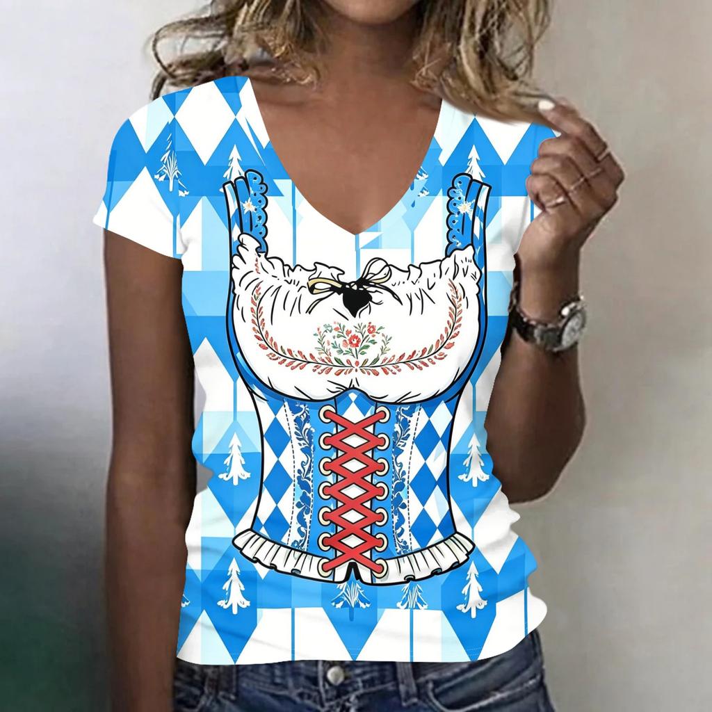 Camiseta Casual de Manga Corta con Cuello en V para Mujer Estampado Oktoberfest Top Tejido Ligero y Transpirable Camiseta de Corte Holgado para Uso Diario
