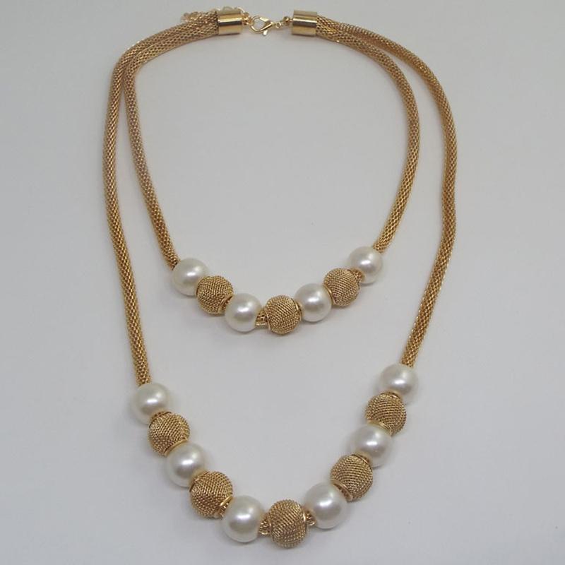 Women'S Double Layers Mesh Chain Round Faux Pearl Ball Charms Necklace