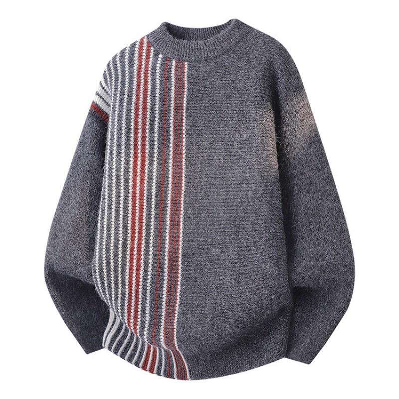Mens Colorblock Knit Crewneck Sweater Long Sleeve Warm Acrylic Pullover Winter Daily Wear