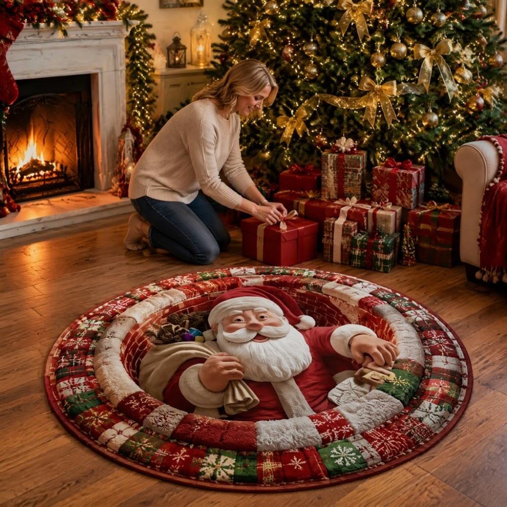 Non-Slip Round Vortex Carpet Santa Claus Christmas Doormat 3D Illusion Rug  Christmas