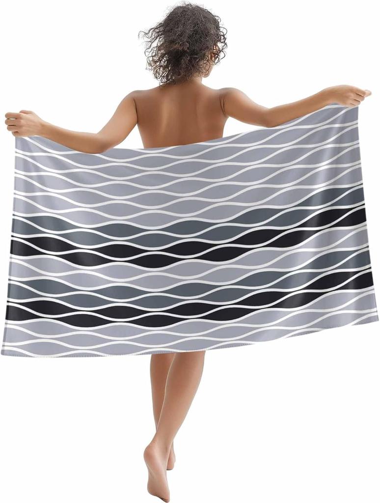 Beach Towel Moroccan Ombre Grey Bath Pool Towels Abstract Wave Lines Absorbent Beach Towel Soft Large Quick Dry Lightweight