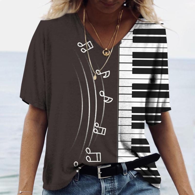 Women' T-shirt Piano 3d Print Everyday Casual Wear Oversized-shirt Funny Short Sleeve T-shirt V-neck Clothing Fitness Sweatshirt