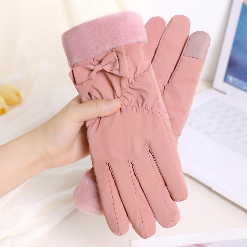 Women's Fleece-Lined Winter Cycling Gloves - Korean Style, Cute, Warm, Water-Repellent for Outdoor Use