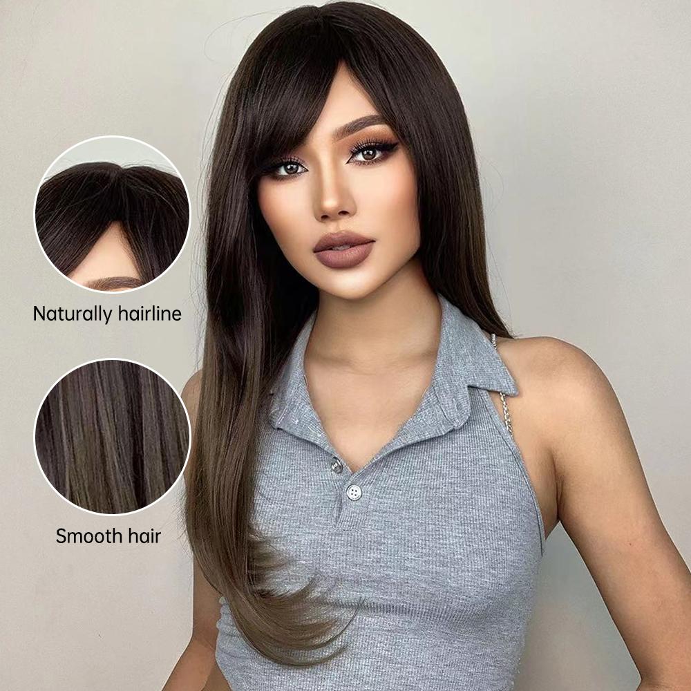 HENRY MARGU Ombre Dark Black Brown Synthetic Wigs with Bangs Layered Hair Wig for Black Women Party Cospaly Heat Resistant