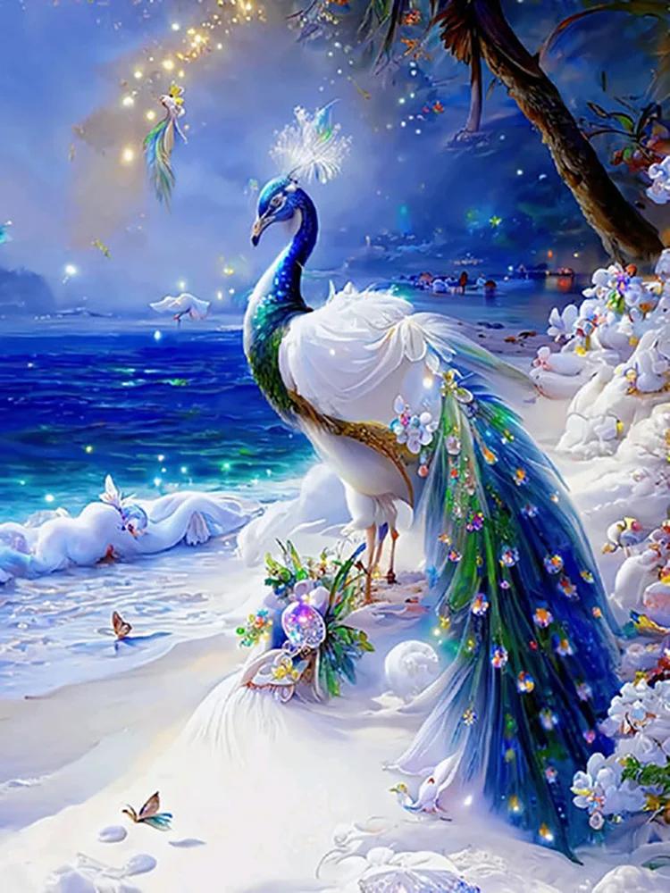 

Павлины на пляже ночью Личность DIY Полная дрель Алмазная декоративная живопись Full Round 30x40CM