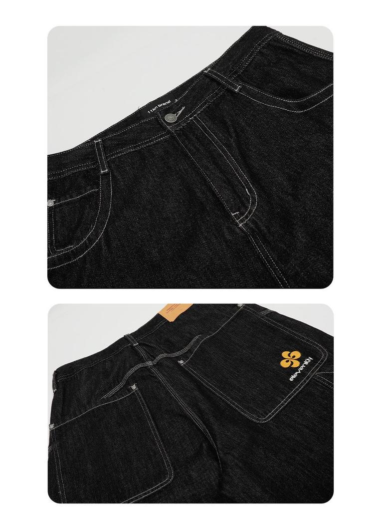 Yongfang Unisex Retro Black Wide-Leg Jeans: Casual, Loose, Washed Straight-Leg Pants.