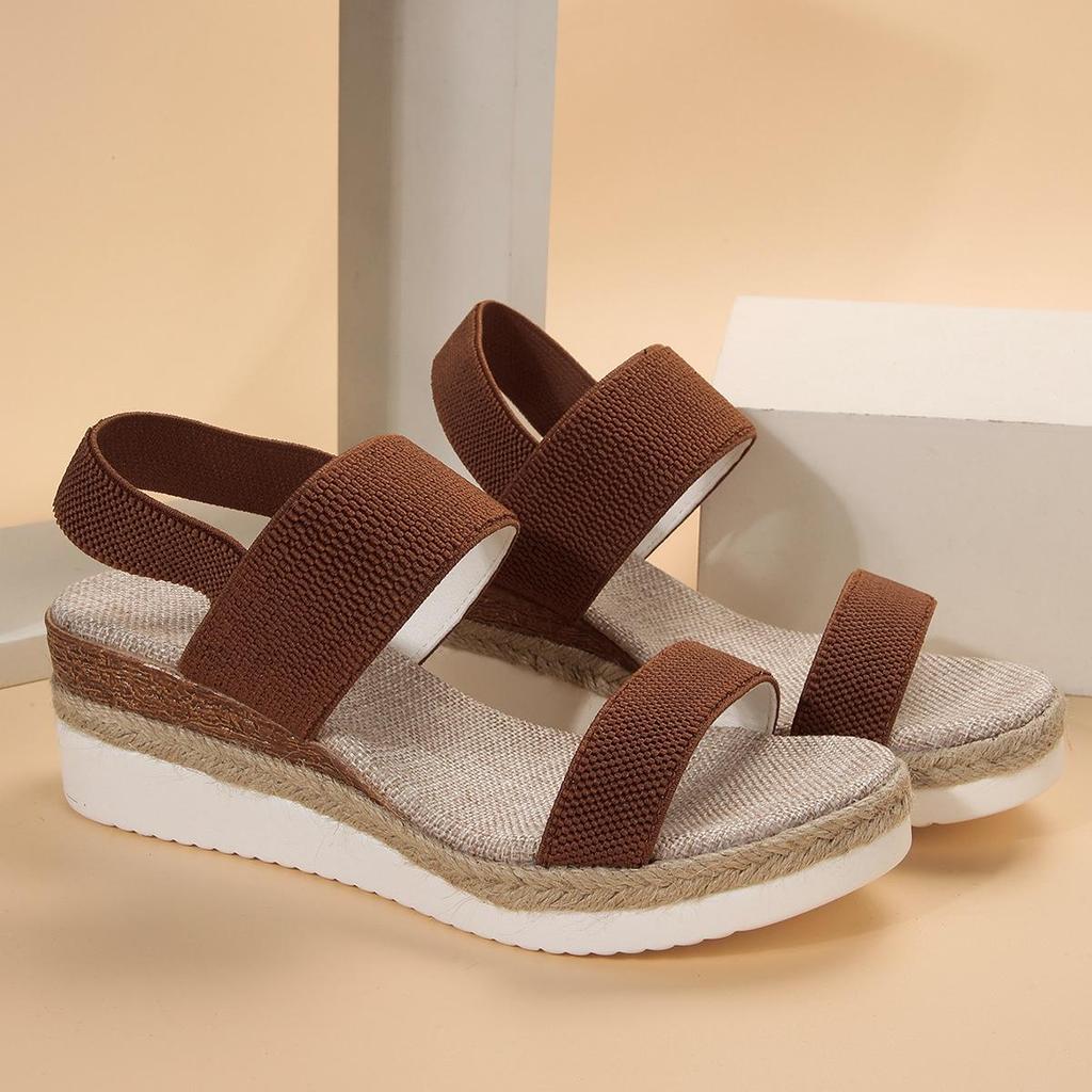 Plus Size Elastic Band Wedge Sandals, Women's Summer 2025, Slip-on Thick Sole Open Toe Sandals