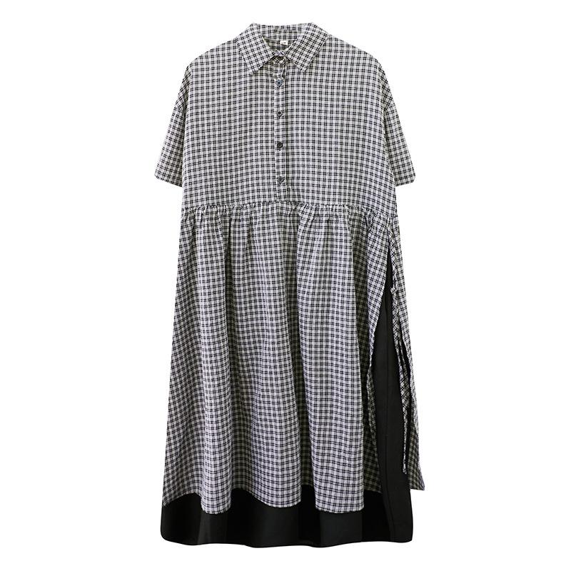 2022 Summer Korean Plus Size Plaid Waist-Gathering A-Line Dress
