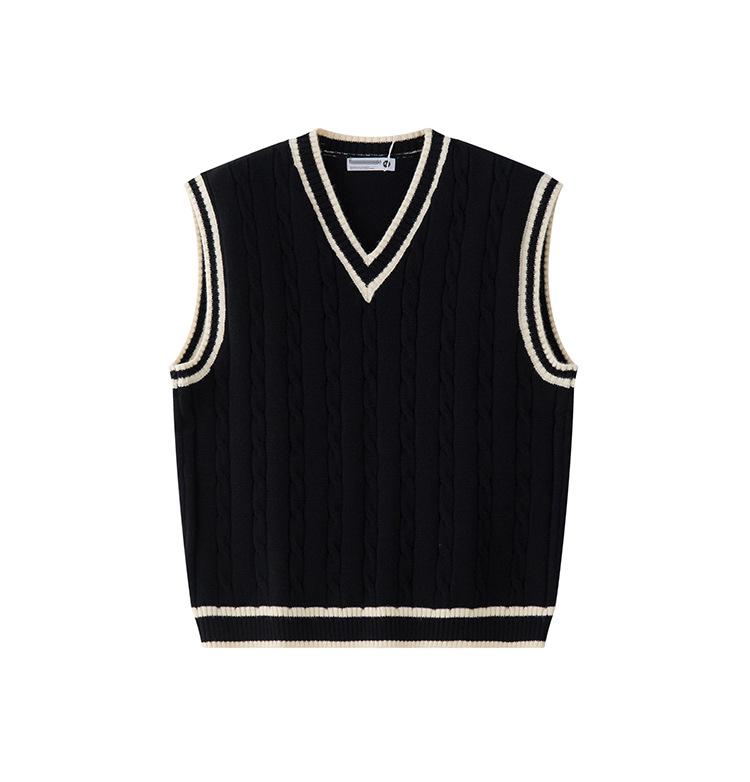 Unisex Retro Japanese Color Block V-neck Knit Vest, Basic Loose Sleeveless Sweater, Versatile Niche Style