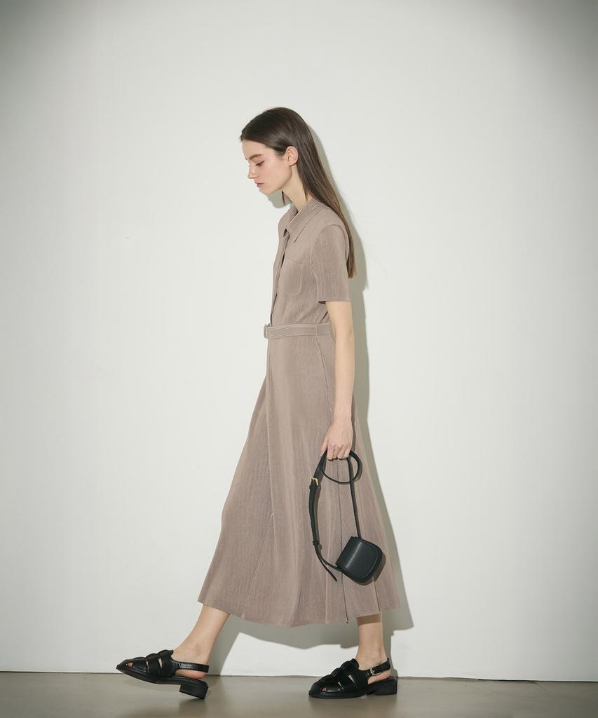 Waiowai Classic Belted Short Sleeve Pleated Long Dress_3 Colors