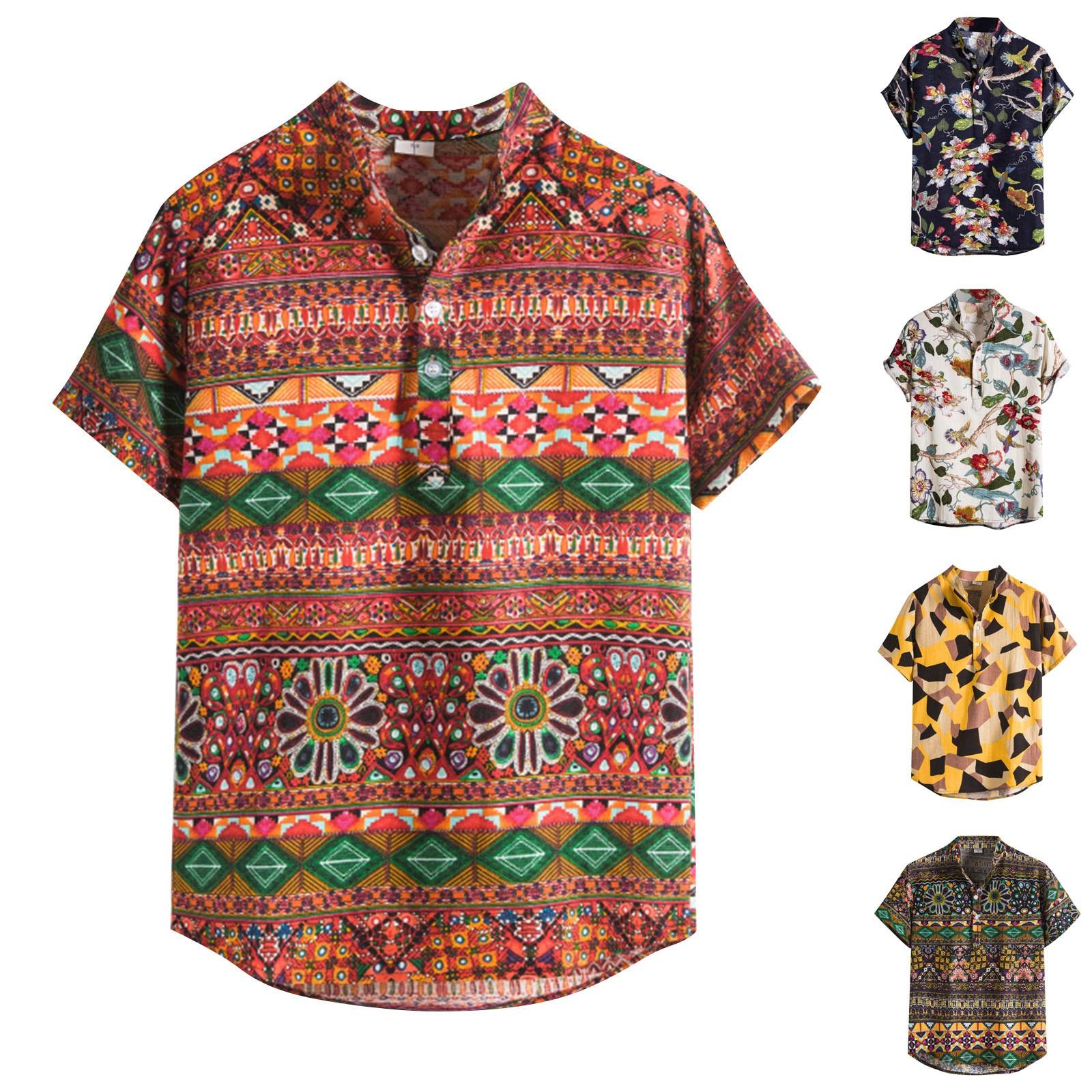 

Мужской воротник-стойка в этническом стиле из хлопка и льна с короткими рукавами и принтом XL коричневый