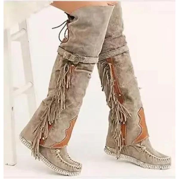 Fashion Bohemia Knee-length Women Boots Ethnic Personality High Boots Tassels Faux Suede Boots Girl Flat Bottom Long Botas Mujer