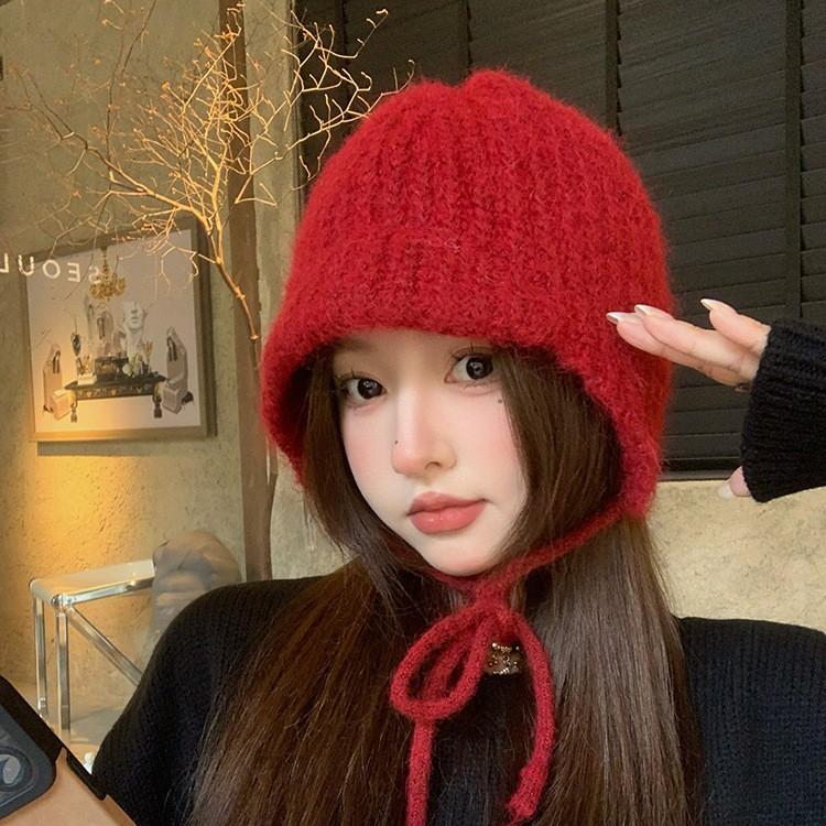 New Little Red Riding Hood Fashionable Solid Color Foreign Style Knitted Hat Versatile Warm Ear Protection Cold Resistant Woolen Hat for Women