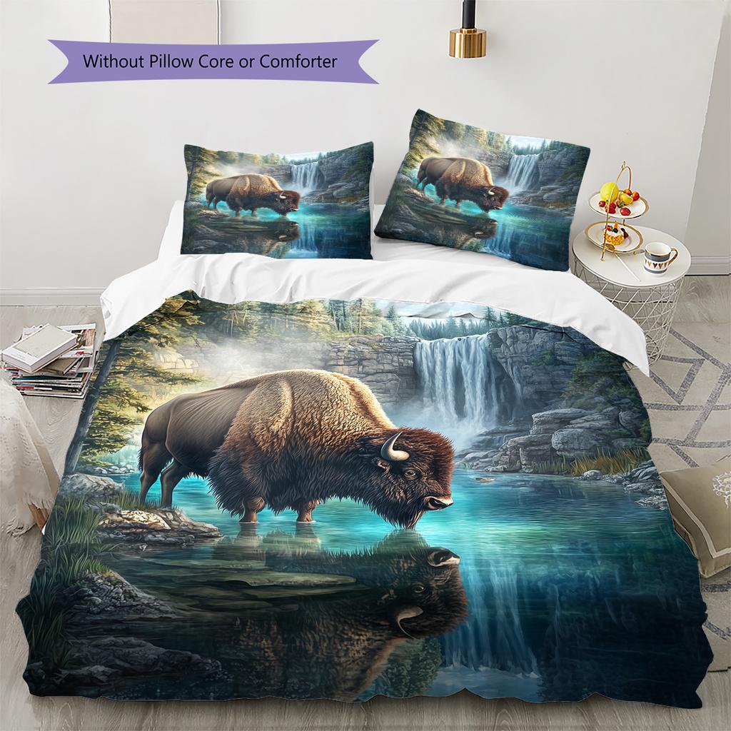 Animal by Forest Waterfall  Pattern Bedding Quilt Set  Home Decoration  Gift (1 * duvet cover + 2 * pillowcase, without core)