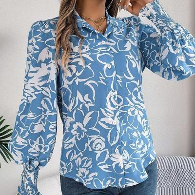 Blouse élégante à manches longues et col en V à imprimé floral pour femmes Printemps Automne