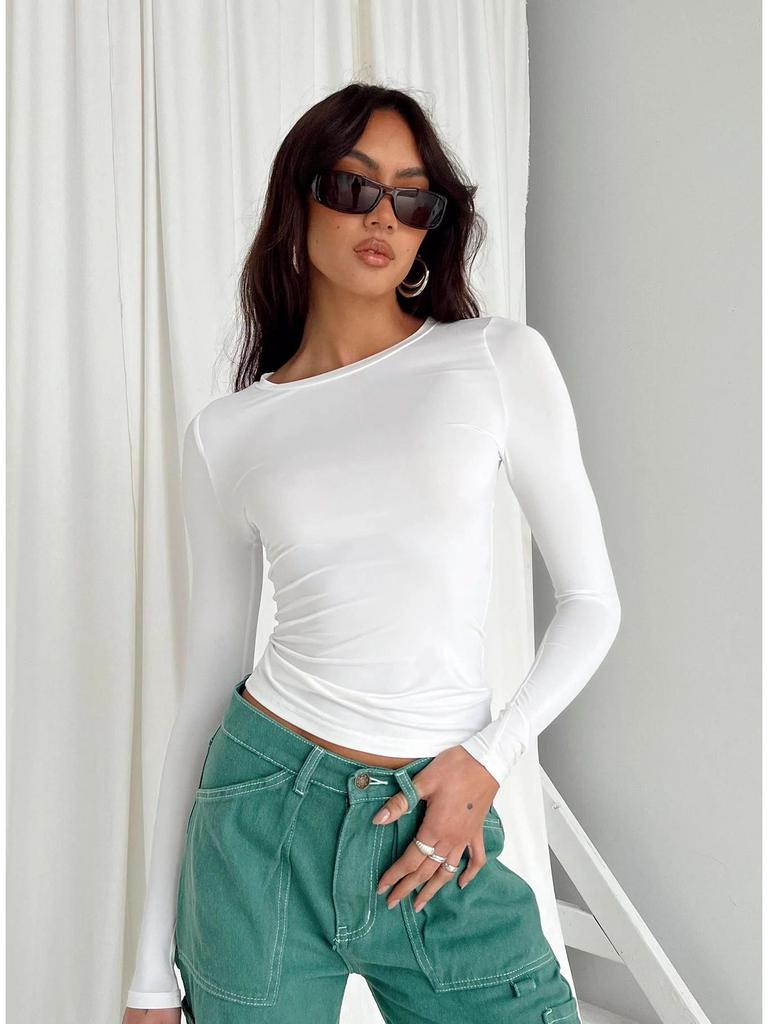 2023 Women's Autumn Slim Fit Irregular Long Sleeve T-Shirt - Solid Color, Round Neck