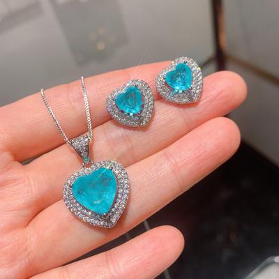 Jewelry Simulation Paraiba, Paraiba Blue Heart-Shaped Set Stud Earrings Main Stone 9 * 9 Pendant 12 * 12