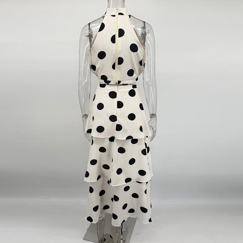 2 Piece Sets Polka Dot Long Dress Women 2026 Summer Sleeveless Top Ruffle Pleated Dress Set Luxury Party Sexy Female Dress Set