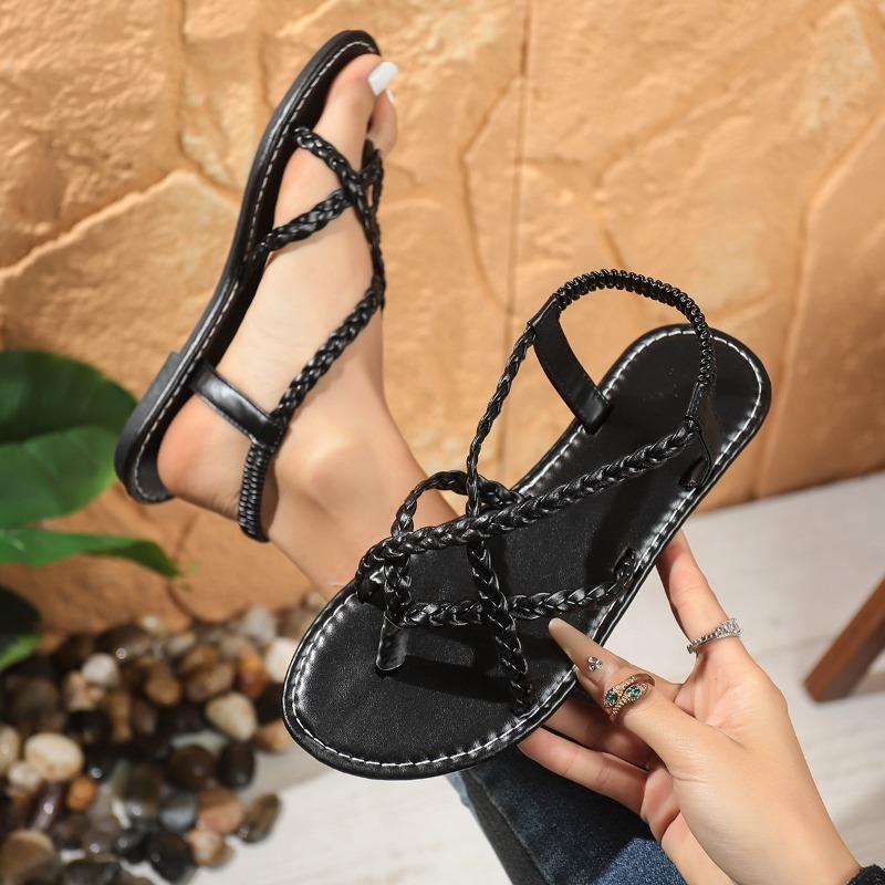 Women's Summer Flat Solid-Color Woven Thong-Style Outdoor Sandals, Casual Comfort Footwear.