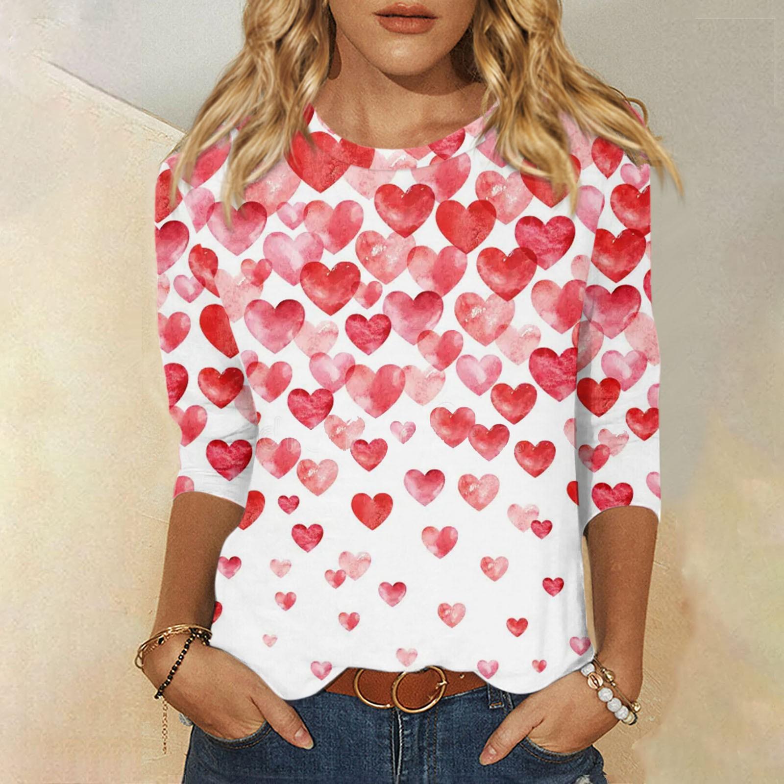 

Женская модная повседневная свободная футболка с принтом в виде сердечек с круглым вырезом и рукавами 3/4, женский топ L красный