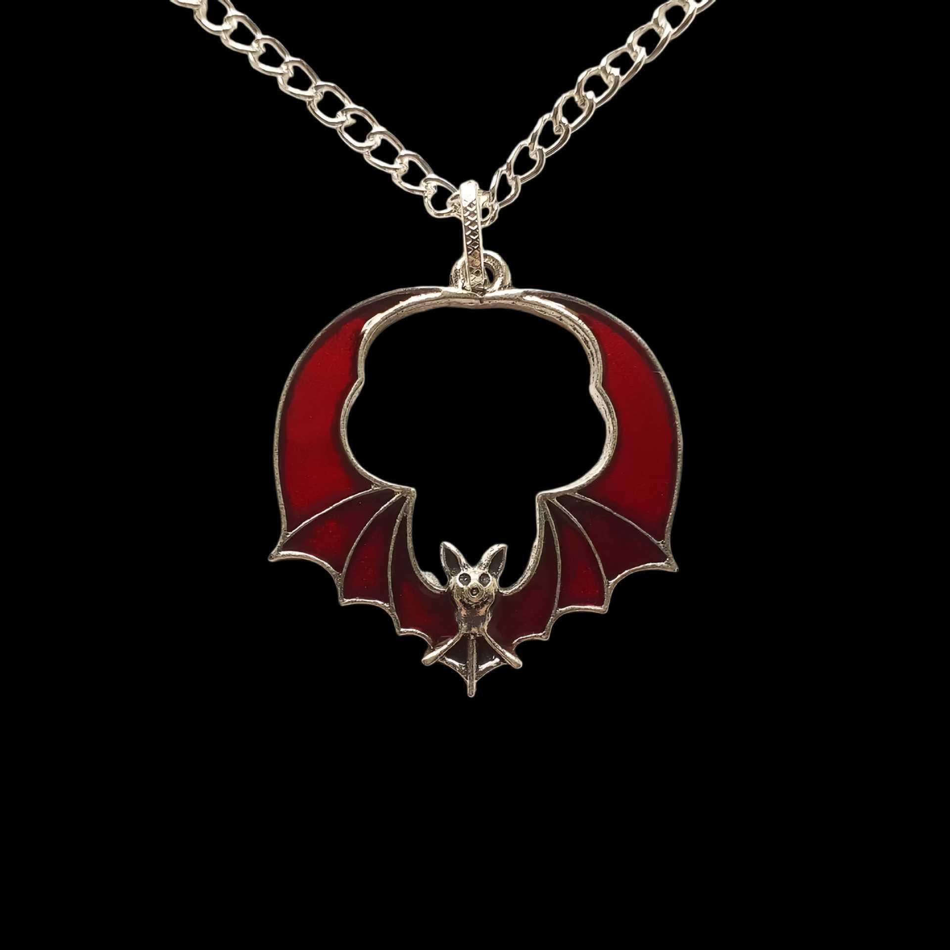 Gothic Vampire Necklace: Red Bat Pendant with Silver Heart Wings
