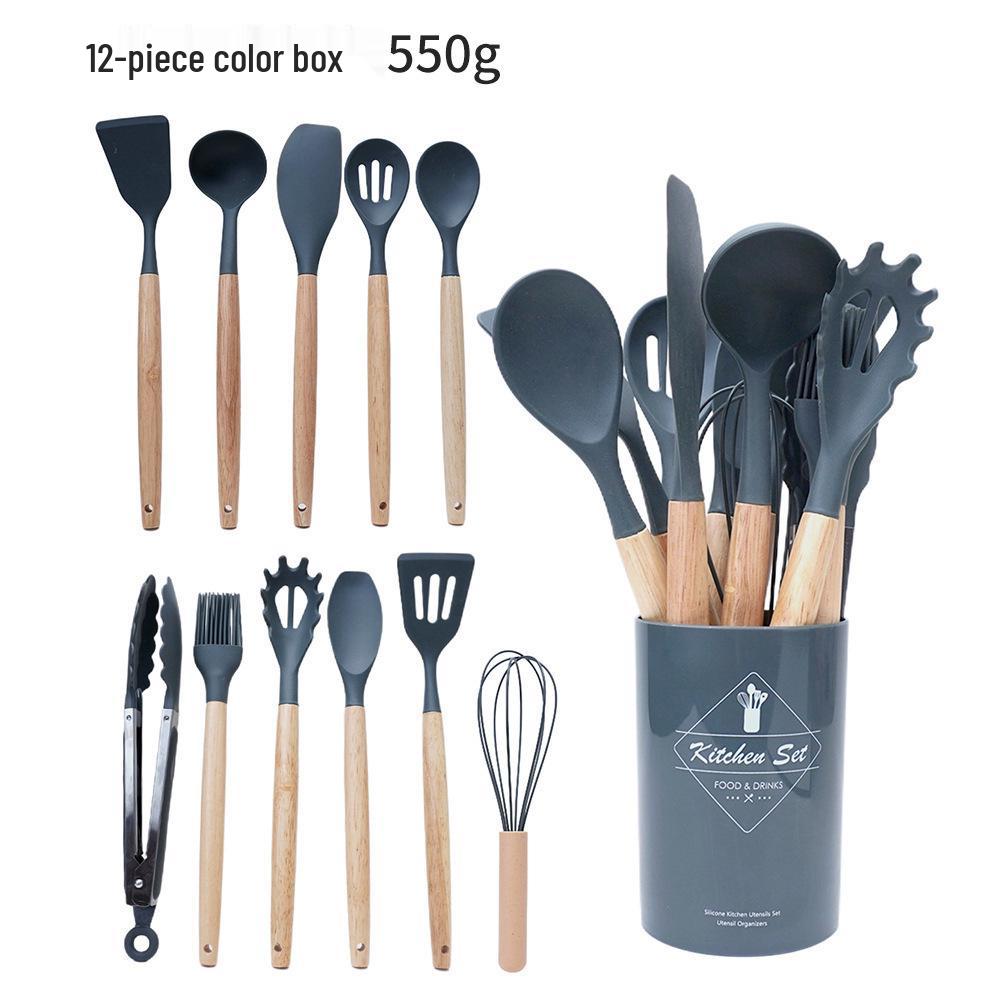 14-Piece Wooden Handle Silicone Kitchen Utensil Set with Storage Bucket for Non-Stick Cookware