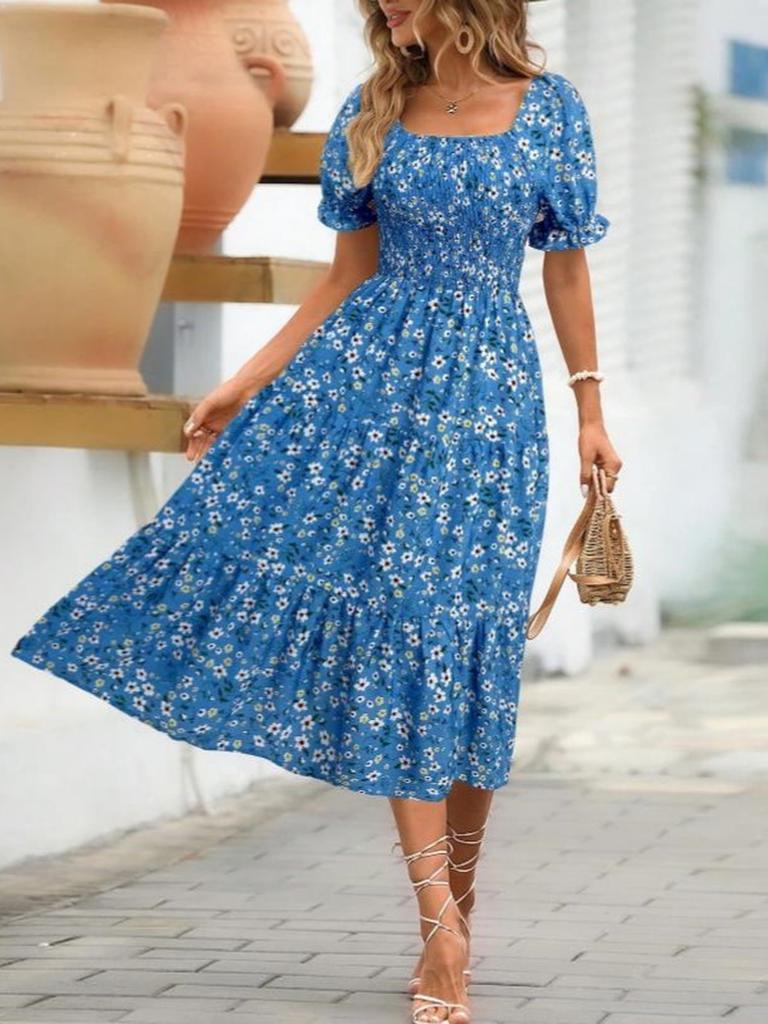 Floral Square Collar Ruched Waist Bubble Sleeve Layered Dress Sweet Style Dress