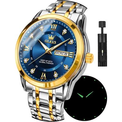 OLEVS Men's Quartz Watch Silver Waterproof Calendar Stainless Steel Blue