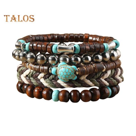 

5 шт. плетеный браслет набор разных форм плетение деревянные бусины декор черепаха кулон в стиле бохо искусственный бирюзовый камень браслет на запястье ювелирные изделия разноцветный