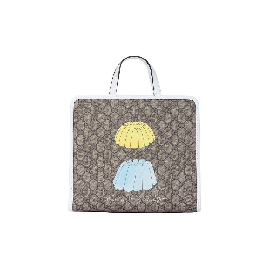 Gucci Women's GG Supreme Jelly Print Tote Bag, Beige Canvas White Leather Trim Colorful Jelly Graphic,Daily Travel Handbag 605614-FAEGT-8799