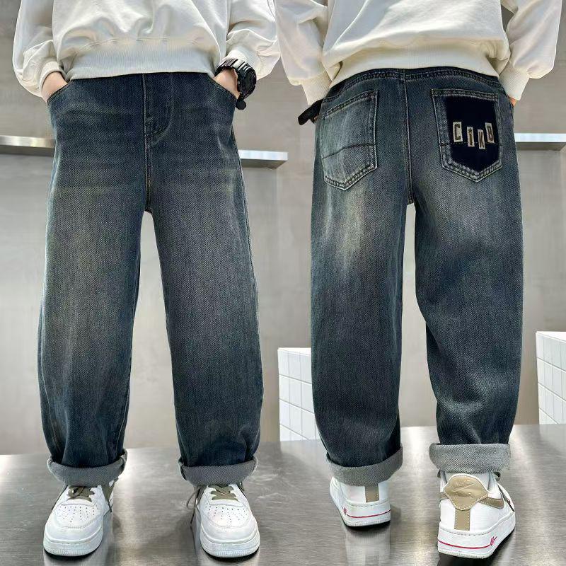 Spring/Autumn Loose-Fit Jeans for Boys, Ages 7-14, Children's Casual Long Pants.