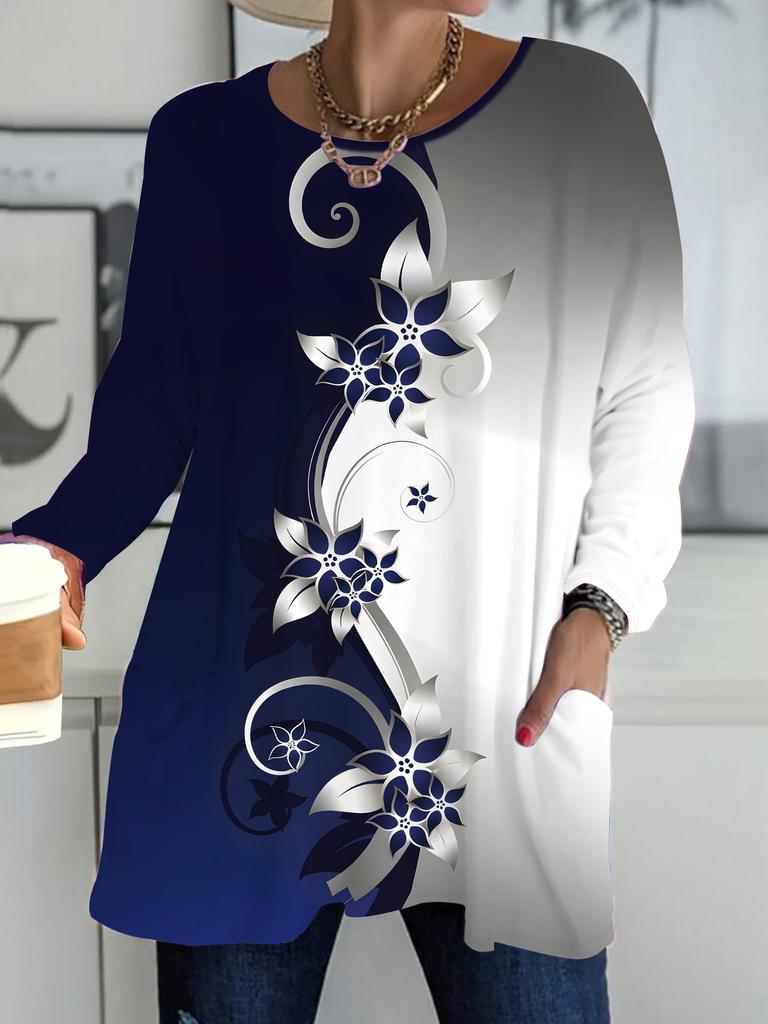 2025 Podzim Zima Nové Dámské Topy Plus Size, Módní Trička s 3D potiskem květin s kulatým výstřihem a dlouhým rukávem