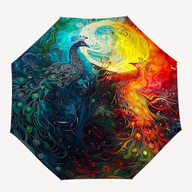 1pc Colorful Peacock Design Automatic Opening/Closing Umbrella, Portable Folding Design with Iron Frame, Outdoor, Gift for Fans, Travelers, Daily Use.