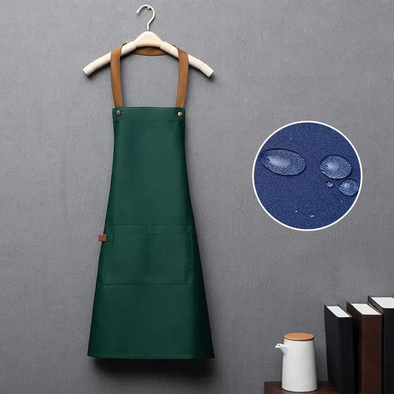 Customized Embroidery Print Logo Signature Waterproof Kitchen Home Chef Baking Clothes With Pockets Adult Bib Waist Bag Aprons