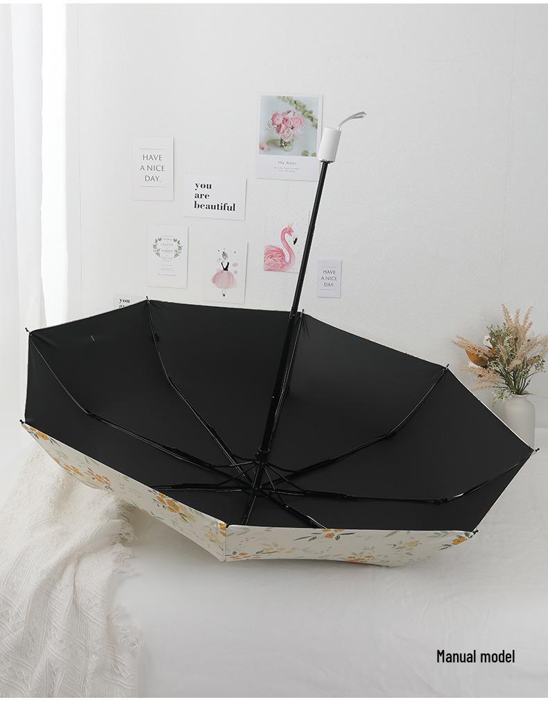 Compact Dual-Purpose Umbrella, UV Protection Parasol with Black Coating, Yellow Floral Design for Sun and Rain