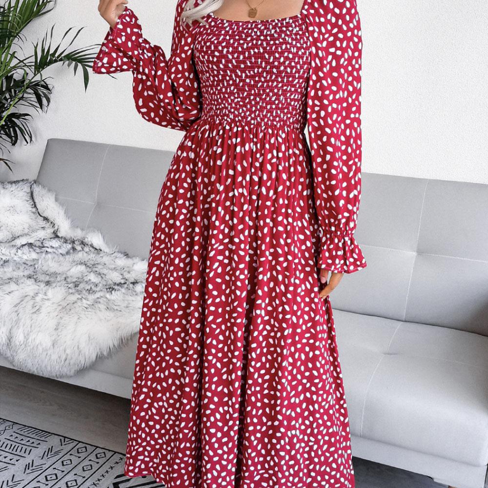 

Новинка весны и лета 2024, праздничное платье из искусственного шелка с квадратным вырезом и длинными рукавами, плиссированная длинная юбка S красный