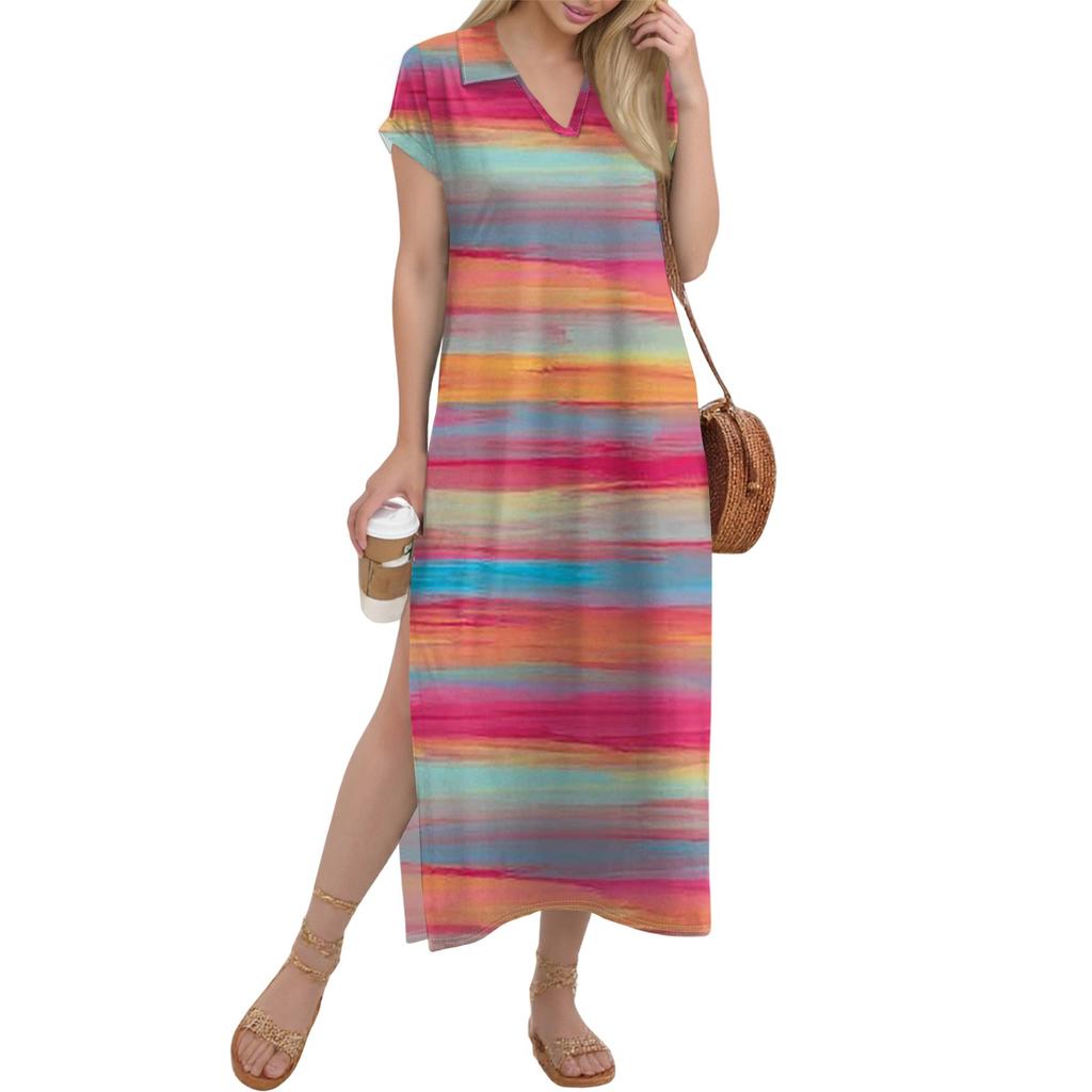Women's Long Skirt Casual V-neck Long Shirt Dress Loose Slit Holiday Short Sleeve Dress