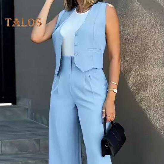 2 Teile/satz Damen Weste Hosen Set Formeller Business Stil Ärmelloses Einreihiges Oberteil Hohe Taille Weites Bein Einfarbige Hose OL Pendler Outfit