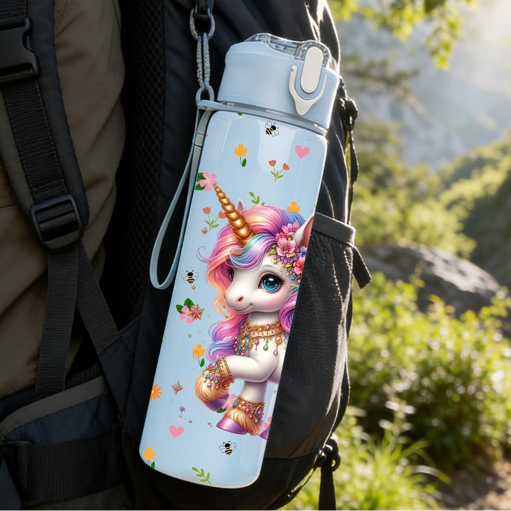 1PC Floral Rainbow Unicorn Pattern 750ml Color Plastic Sports Water Bottle Leakproof Flip Straw Lid Suitable for Sports Office Home Use