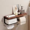 Walnut & Black Wall-Mounted Toilet Paper Holder with Shelf and Hook