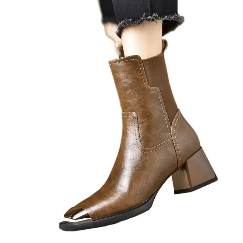2025 New Split Leather High Quality Ankle Boots for Women Pointed Toe Zipper Chunky High Heels Autumn Boots Big Size 35-40