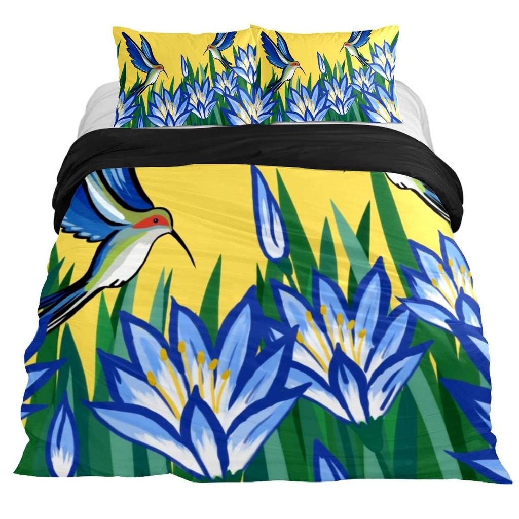 Kolibrier Påslakanset Tropiska Blommor Natur Blommor Sängklädesset Tropiska Fåglar Tema Queen Size 2/3 Delar Täcke